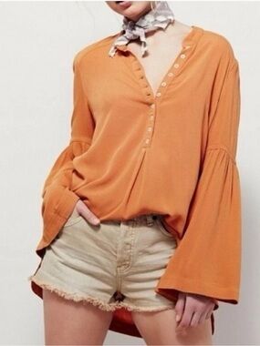Free People Easy Girl Burnt Orange Button-Front Bell Sleeve Tunic Top